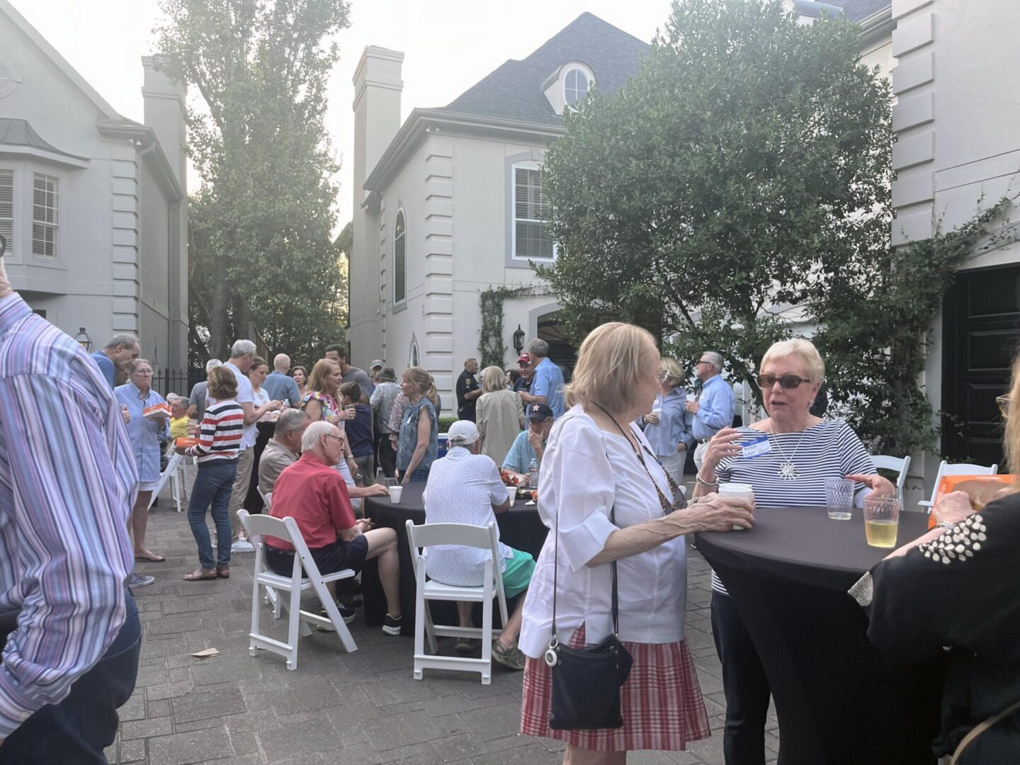 Outdoor neighborhood gathering with people mingling